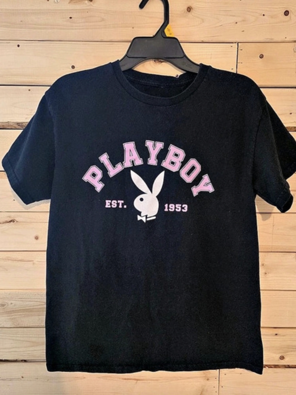 Playboy Stay Playful Varsity Logo Est. 1953 Graphic T-Shirt Tee M Black & Pink
